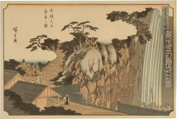Bathing In The Waterfall Near Kamakasa Oil Painting - Utagawa or Ando Hiroshige