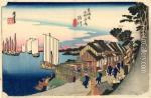 Les 53 Stations Du Tokaido, Shinagawa, Hinode Oil Painting - Utagawa or Ando Hiroshige