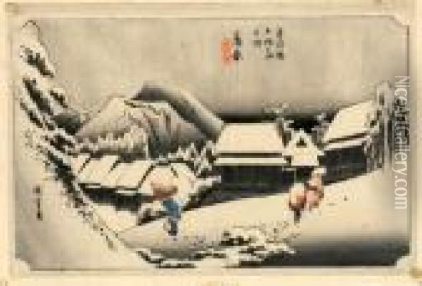 Les Cinquante Trois Stations Du Tokaido, Kambara, Yoru No Yuki Oil Painting - Utagawa or Ando Hiroshige