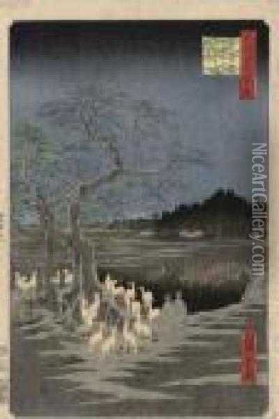 Oji Shozoku-enoki Omisoka No Kitsunebi Oil Painting - Utagawa or Ando Hiroshige