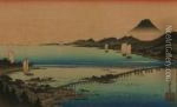 Lake With Boats Oil Painting - Utagawa or Ando Hiroshige