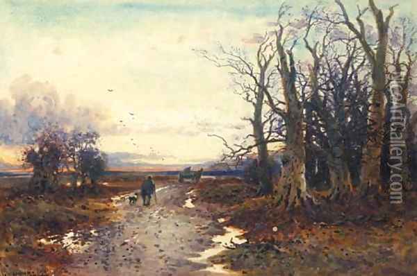 A Figure and a Dog on a country Lane Oil Painting - William Manners