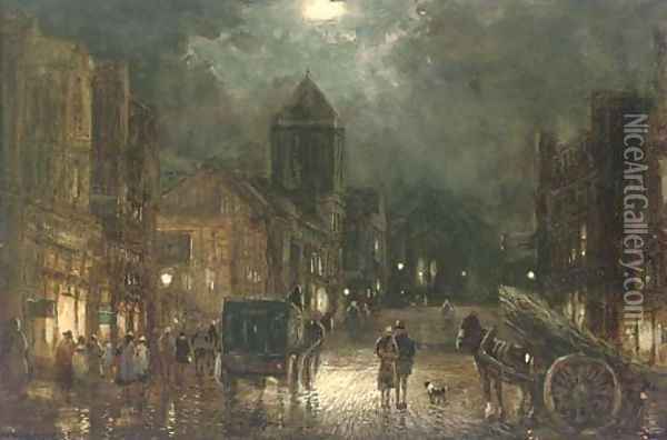 Figures and carriages on a street by moonlight (illustrated) Oil Painting - William Manners