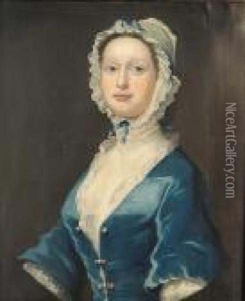 A Portrait Of A Lady, Half-length, Wearing A Blue Dress And A Lace Cap Oil Painting - William Hogarth