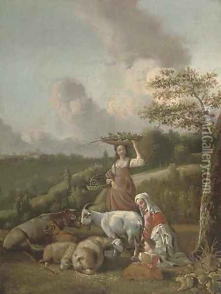 A mother and child milking a goat and a girl carrying baskets of fruit and vegetables in a wooded landscape Oil Painting - Hendrik Mommers