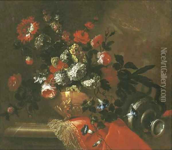 Flowers in a sculpted vase on a draped ledge Oil Painting - Jean-Baptiste Monnoyer