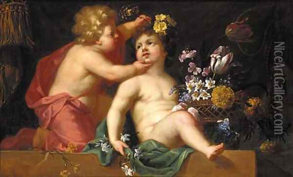 Putti playing with a basket of flowers on a ledge Oil Painting - Jean-Baptiste Monnoyer
