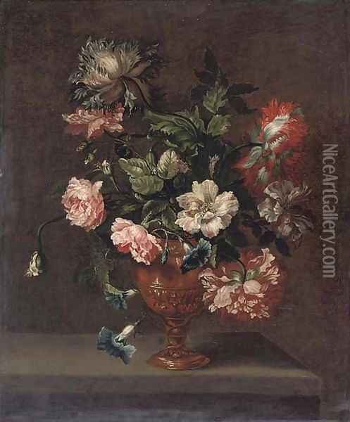 Roses, peonies and convulvulus in a sculpted urn on a stone ledge Oil Painting - Jean-Baptiste Monnoyer