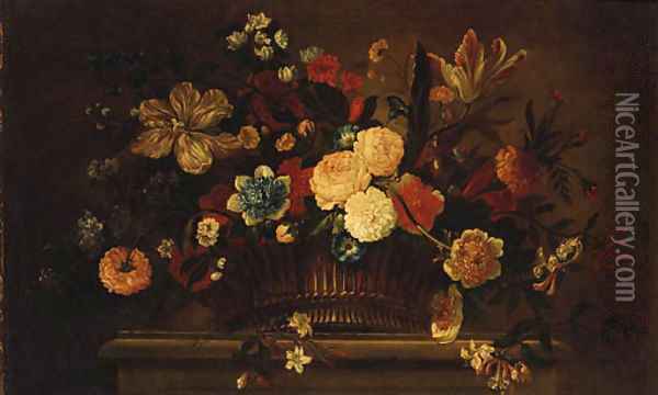 Roses, Tulips, Carnations, Morning Glory and other Flowers in a Basket on a Ledge Oil Painting - Jean-Baptiste Monnoyer