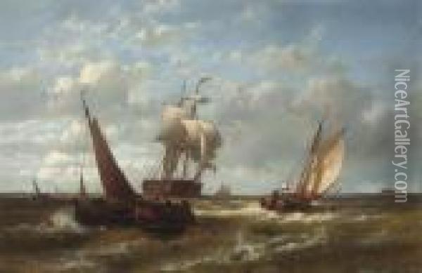 Dutch Craft And A Trader Off The Coast Oil Painting - Abraham Hulk Jun.