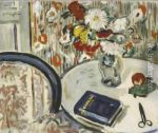 Still Life With Chair And Vase Of Flowers Oil Painting - George Leslie Hunter