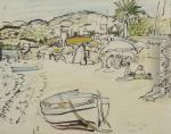 On The Beach South Of France Oil Painting - George Leslie Hunter