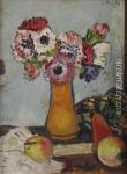 Still Life With Fruit And Anemones Oil Painting - George Leslie Hunter