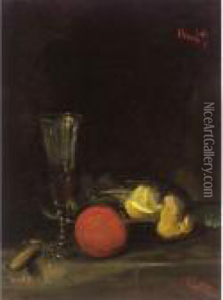 Still Life Of Fruit And A Wine Glass Oil Painting - George Leslie Hunter