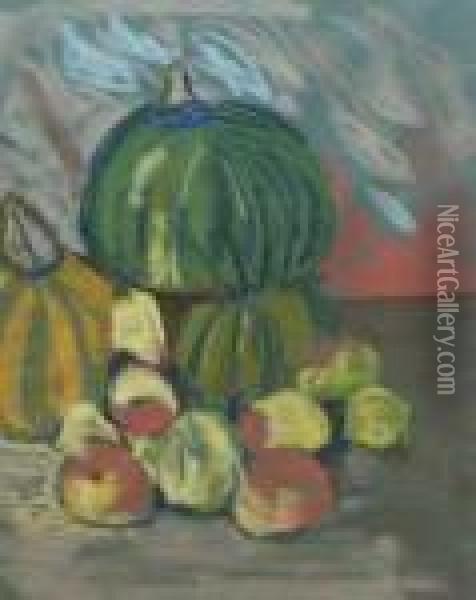 Still Life Study Of Pumpkinsand Other Fruit On A Ledge Oil Painting - George Leslie Hunter