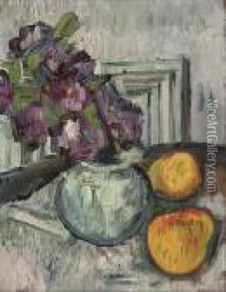 Still Life With Purple Flowers And Apples Oil Painting - George Leslie Hunter