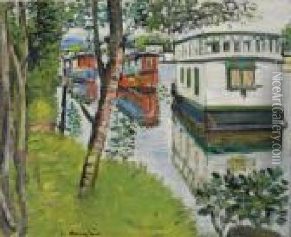 Houseboats, Loch Lomond Oil Painting - George Leslie Hunter