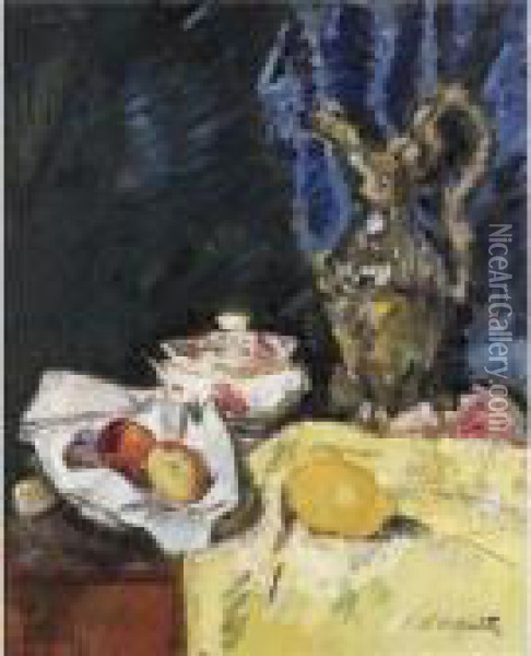 Still Life With Fruit, A Ewer And An Ecuelle On A Yellow Drape Oil Painting - George Leslie Hunter