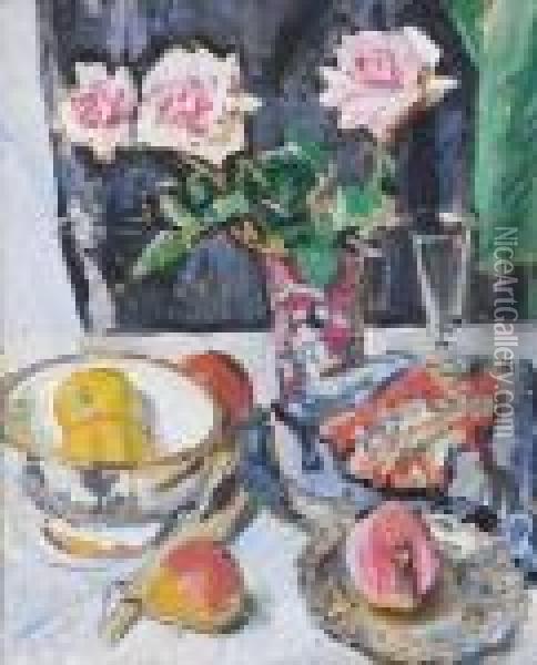 Still Life Of Pink Roses, Fruit, Glass And Fabrics Oil Painting - George Leslie Hunter