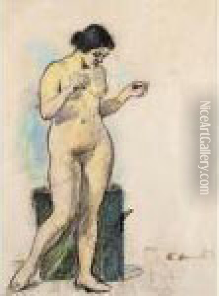 A Standing Female Nude With A Cat Oil Painting - George Leslie Hunter