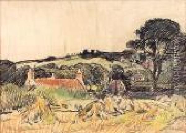 Cottage And Haystacks, Fife Oil Painting - George Leslie Hunter