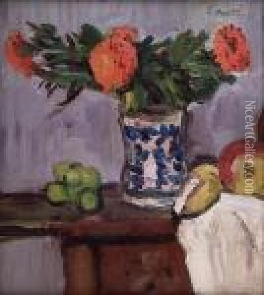 Still Life Of Marigolds And Fruit Oil Painting - George Leslie Hunter