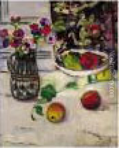 Still Life With Anemones And Apples Oil Painting - George Leslie Hunter