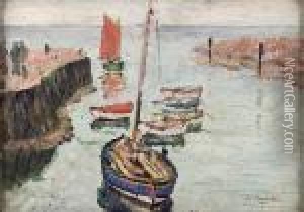 The Red Sail, Largo Harbour Oil Painting - George Leslie Hunter