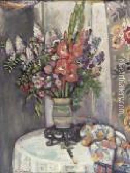 Still Life With Flowers In A Striped Vase Oil Painting - George Leslie Hunter