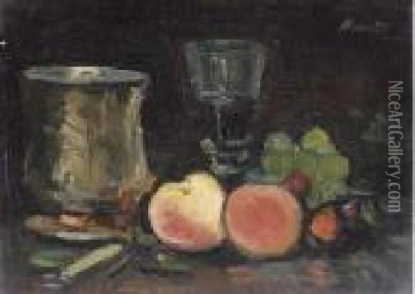 Peaches And Tankard Oil Painting - George Leslie Hunter
