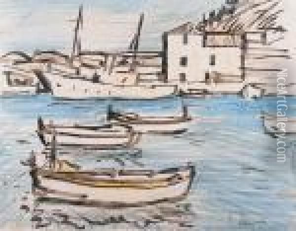 Boats In The Harbour, Cassis Oil Painting - George Leslie Hunter