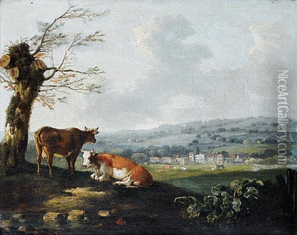 Cattle Resting Beneath A Tree, A Villagebeyond Oil Painting - Julius Caesar Ibbetson