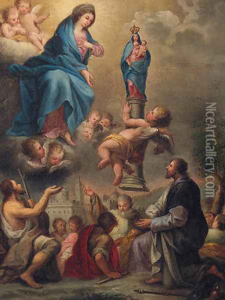 An angel presenting a statue of the Madonna and Child to the Madonna with John the Baptist, Saint Roch and other Saints Oil Painting - Pier Francesco Mola