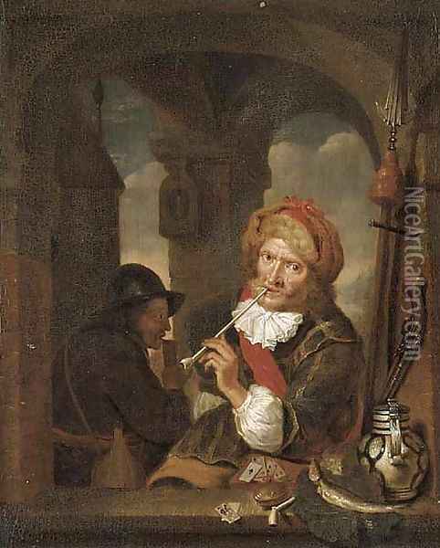 A cavalier smoking and playing cards at a window Oil Painting - Willem van Mieris