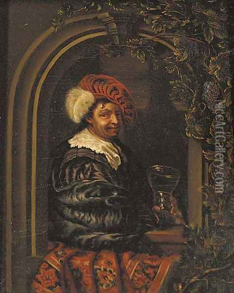 A drinker holding a roemer at a stone niche Oil Painting - Willem van Mieris