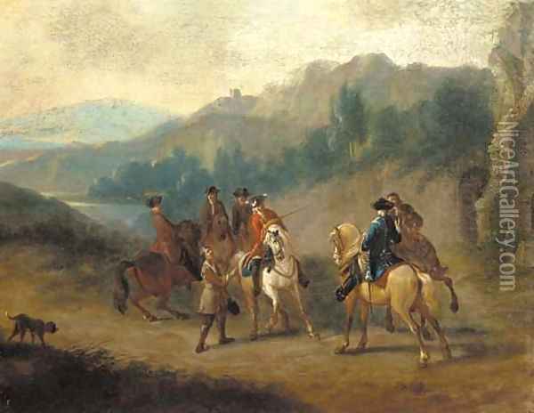 Figures on horseback, a moutainous landscape beyond Oil Painting - Adam Frans van der Meulen