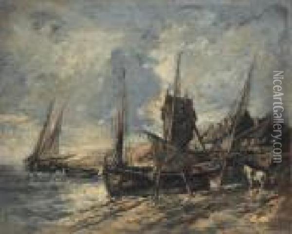 Bateaux Sur Le Rivage Oil Painting - Eugene Isabey