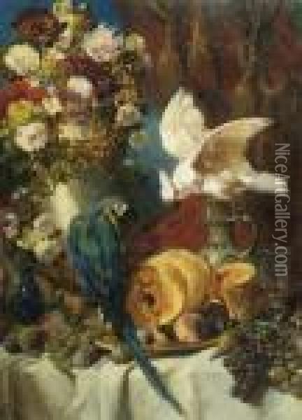 Grosses Stilleben Mit Papagei. Oil Painting - Eugene Isabey