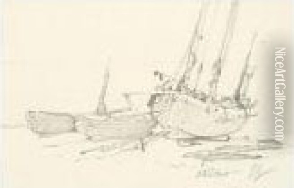 Fishing Boats On The Beach At Etretat Oil Painting - Eugene Isabey