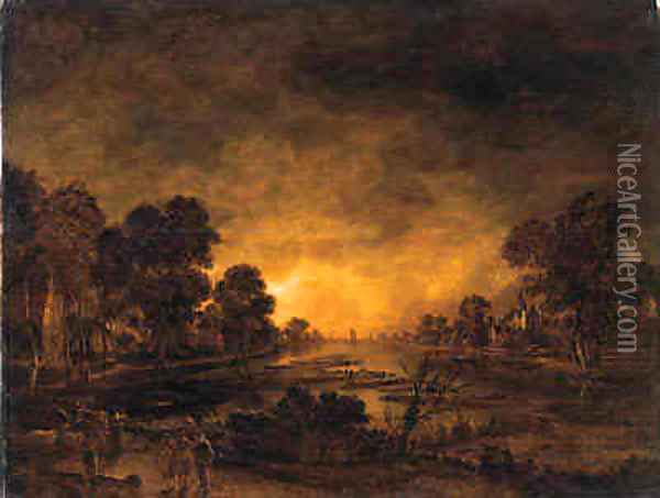 A moonlit riverlandscape with a driver and cattle on a track, a castle and a village beyond Oil Painting - Aert van der Neer