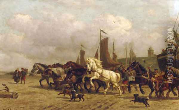 Horsepower dragging a 'Bomschuit' to sea, Scheveningen Oil Painting - Willem Carel Nakken