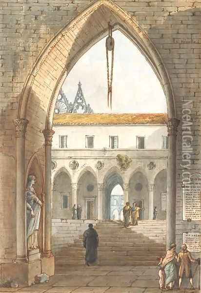 The interior of a gothic monastery seen through an arch Oil Painting - Victor Jean Nicolle