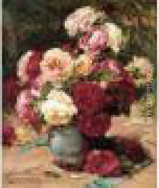 < Vase De Roses Anciennes >. Oil Painting - Georges Jeannin