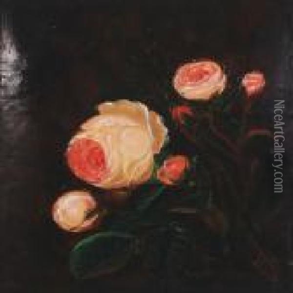 Still Life With Pink Roses Oil Painting - I.L. Jensen