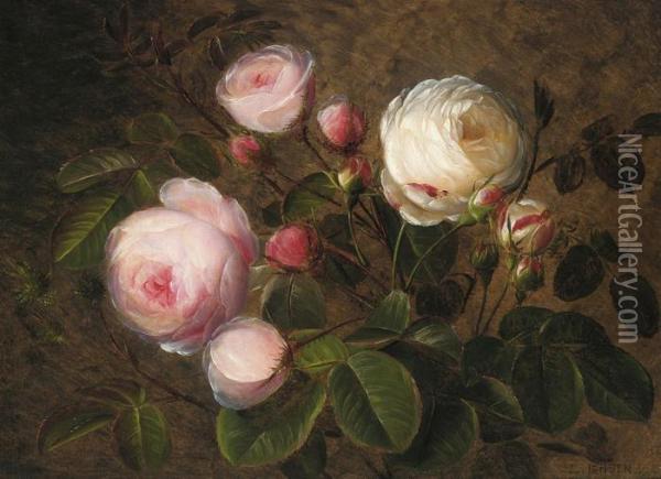 White And Pink Roses Oil Painting - Johan Laurentz Jensen