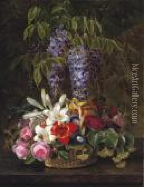 Wisteria With Roses, Lilies, And Summer Flowers In A Basket Oil Painting - Johan Laurentz Jensen