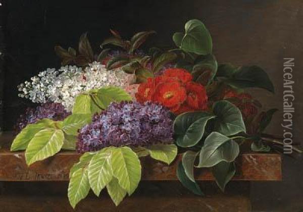 Grapes, Strawberries, A Peach, 
Hazelnuts And Berries In A Bowl On Amarble Ledge; And White And Purple 
Lilacs, Camellia And Beechleaves On A Marble Ledge. Oil Painting - Johan Laurentz Jensen
