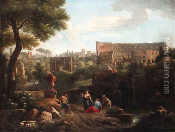A capriccio of Rome with the Colosseum and the Arch of Constantine 2 Oil Painting - Jan Frans Van Bloemen (Orizzonte)