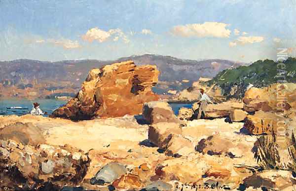 Pecheurs sur des Rochers, Pres de Marseille Oil Painting - Jean-Baptiste Olive