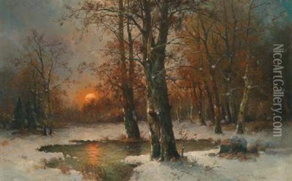 Sunset In A Winter Woodland Oil Painting - Adolf Kaufmann